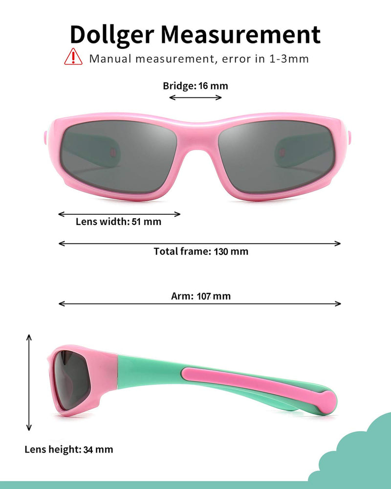 [Australia] - Dollger Kids Polarized Sports Sunglasses Rubber Flexible Frames With Strap Toddler Sunglasses for Boys Girls Age 3-10 Pink Frames Green Glasses Legs/Grey Lens 