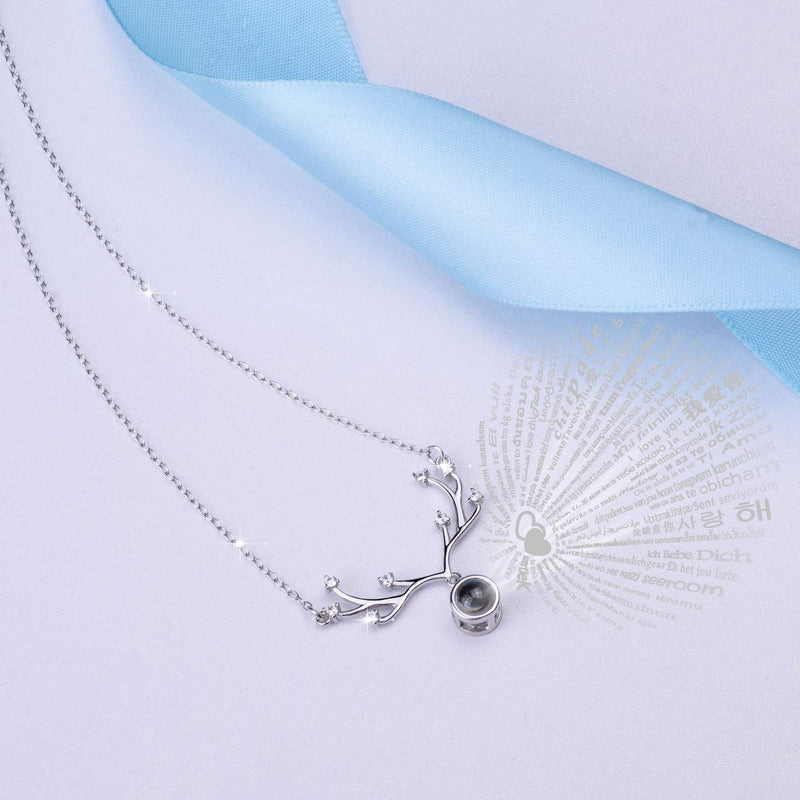 [Australia] - EUDORA Sterling Silver 100 Languages I Love You Necklace, 925 Projective Sparkly Novelty Pendant, Romantic Love Memory Gift for Her/Girl/Girlfriend/Wife Silver Deer Antler 