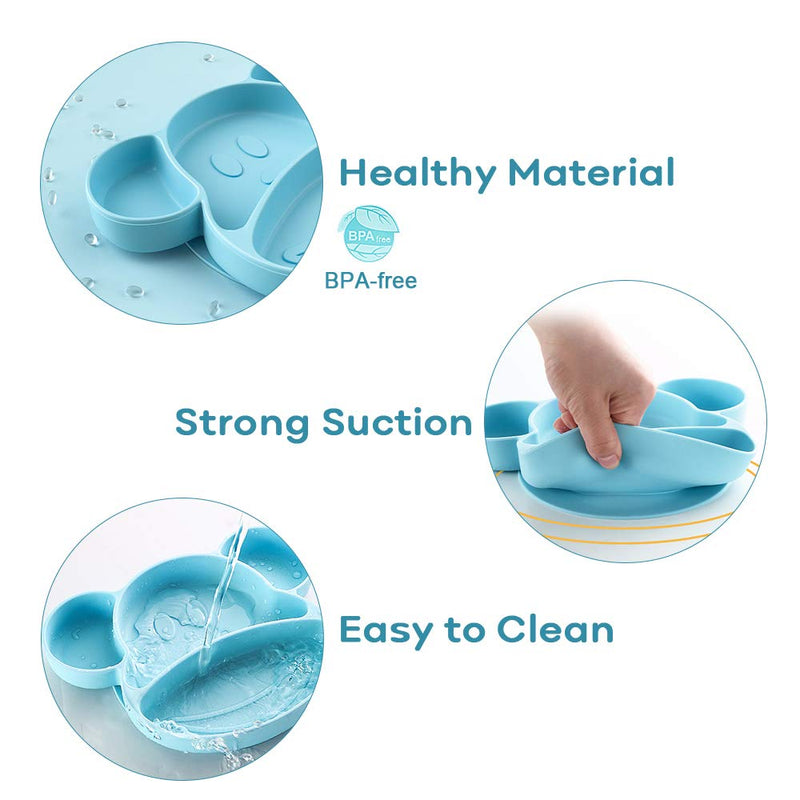 [Australia] - YOOFOSS Baby Plates with Suction Non Slip Silicone Toddler Plates Divided Placemats for Kids and Children BPA-Free FDA Approved Dishwasher and Microwave Safe-Blue Blue 