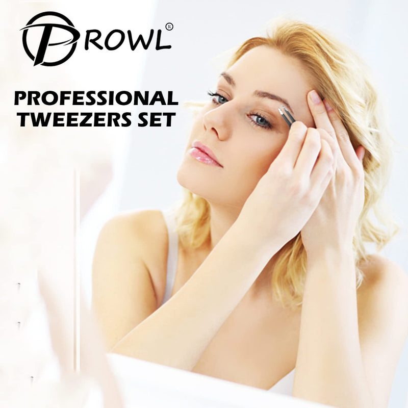 [Australia] - PROWL Professional Stainless Steel Tweezers for Facial Hair Women & Men – Set of 4 Eyebrow Tweezers for Ingrown Hair, Facial Hair, Splinter, Blackhead, and Tick Remover Black 