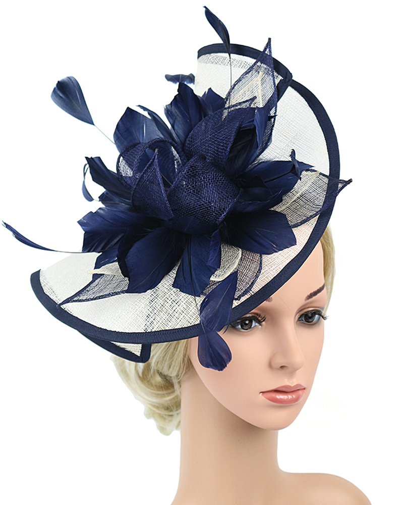 [Australia] - Z&X Sinamay Fascinator Kentucky Derby Church Hats for Women Floral Feather Tea Party Hat Bridal Headpiece with Headband Clip 006a Navy Blue and White 