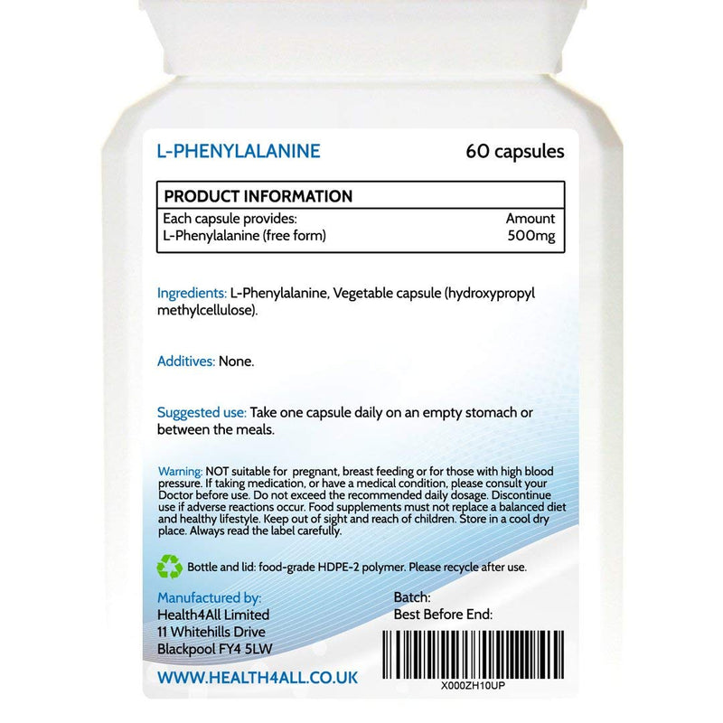 [Australia] - L-Phenylalanine 500mg 60 Capsules (V) .(not Tablets) Purest- no additives for Mood, Memory, Attention and Thyroid. Vegan Natural L- Form. Made in The UK by Health4All 60 Count (Pack of 1) 