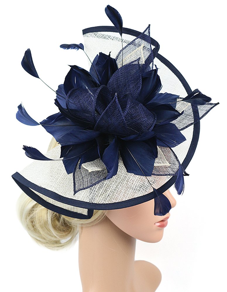 [Australia] - Z&X Sinamay Fascinator Kentucky Derby Church Hats for Women Floral Feather Tea Party Hat Bridal Headpiece with Headband Clip 006a Navy Blue and White 