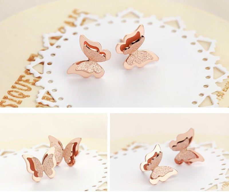 [Australia] - findout Ladies Rose Gold Plated Yellow Gold Plated Silver Titanium Steel Frosted Butterfly 3 Pairs Earrings This is Very Pretty Earrings and Good for Women Girls Friend (f1817) 