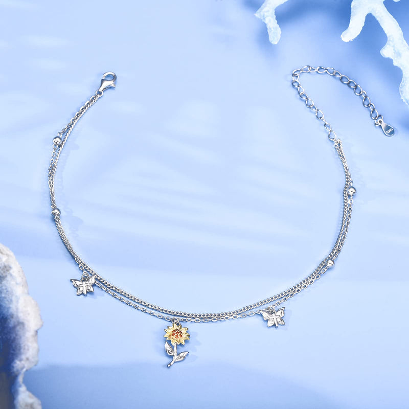 [Australia] - Hxillery Anklet for Women 925 Sterling Silver Butterfly Sunflower Cross Cat Fish Star Double Layered Anklets Bracelet Gifts Simple Dainty Beach for Teen Friends Girls A-Sunflower and Butterfly 