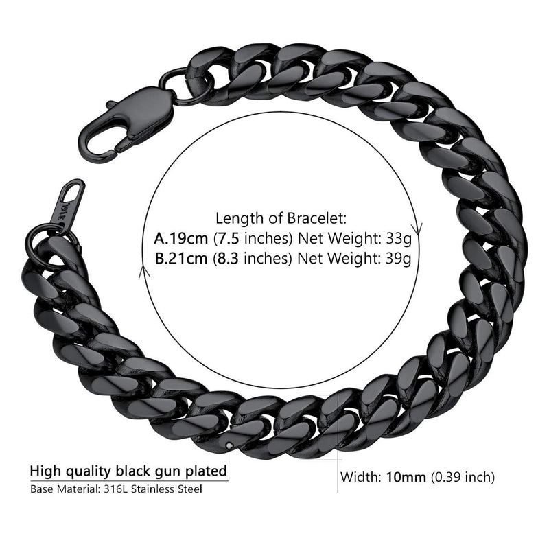 [Australia] - ChainsPro Durable Cuban Link Bracelet for Mens Boys, 6/10/14 mm, 19-21CM Length, 18K Gold Plated/316L Stainless Steel/Black-with Gift Box 7.48 Inches 10mm-black 