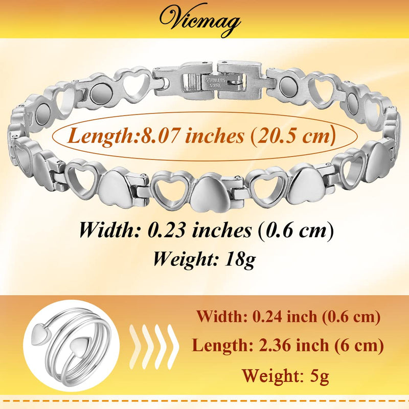 [Australia] - Vicmag Magnetic Bracelets for Women, Titanium Steel Magnet Brazaletes, 3500 Gauss Magnets Gift with Removal Tool (Love Heart Design for Ladies) Silver 