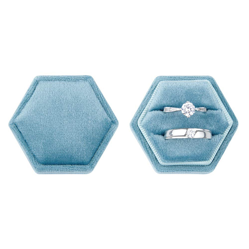 [Australia] - DesignSter Hexagon Velvet Ring Bearer Box - Premium Gorgeous Vintage Double Ring Display Holder with Detachable Lid for Proposal, Engagement, Wedding, Ceremony (Dark Blue) Dark Blue 