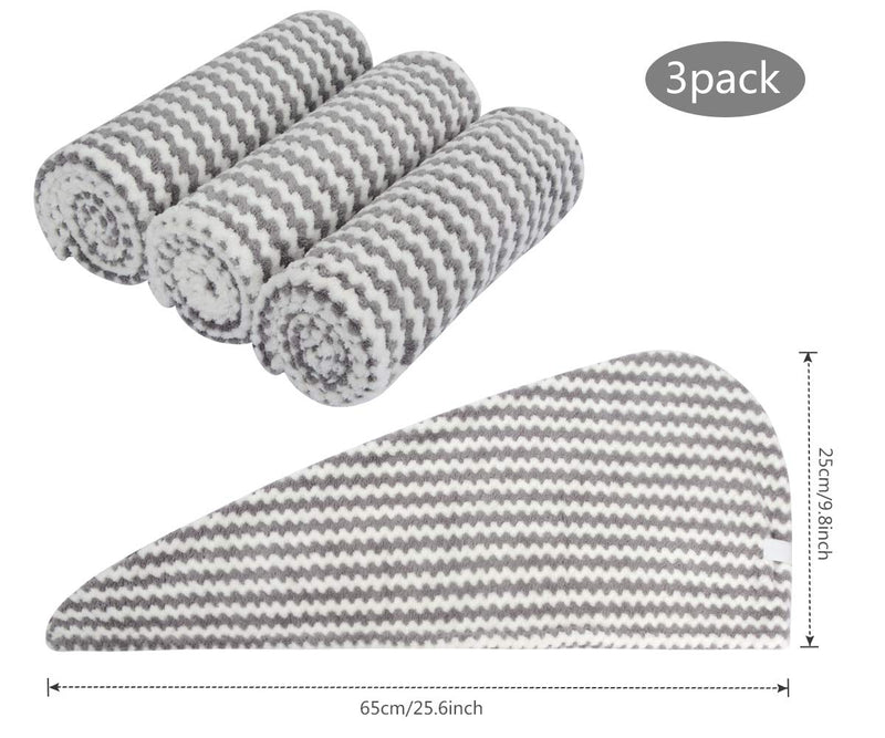 [Australia] - VIVOTE Microfiber Hair Towel Wrap Shower Turban Super Absorbent Fast Drying Soft Anti Frizz 10 x 25.5 Inch 3 Pack Gray 