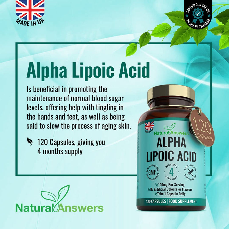 [Australia] - 120 Alpha Lipoic Acid (ALA) 100mg Capsules - (4 Months Supply) Food Supplement Nervous System Support - UK Manufactured 