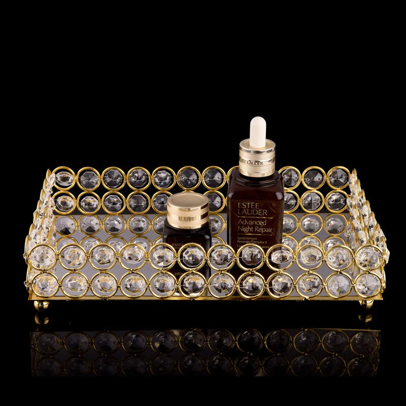 [Australia] - Feyarl Crystal Mirrored Cosmetic Tray Vanity Rectangle Jewelry Trinket Organizer Tray Decorative Tray Storage Home Deco Wedding Dresser Birthday Gift(Gold) Gold 