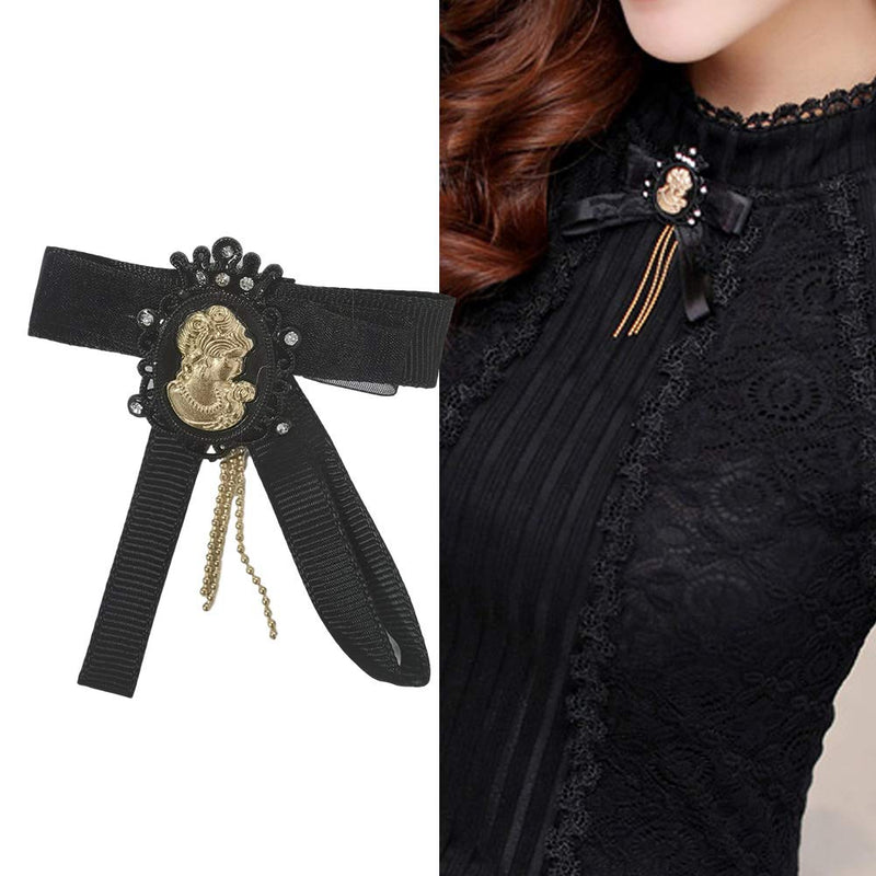 [Australia] - SansoiSan Women's Vintage Beaded Buttons Pleated Shirt Long Sleeve Lace Stretchy Blouse Black and Beige Bow Tie 