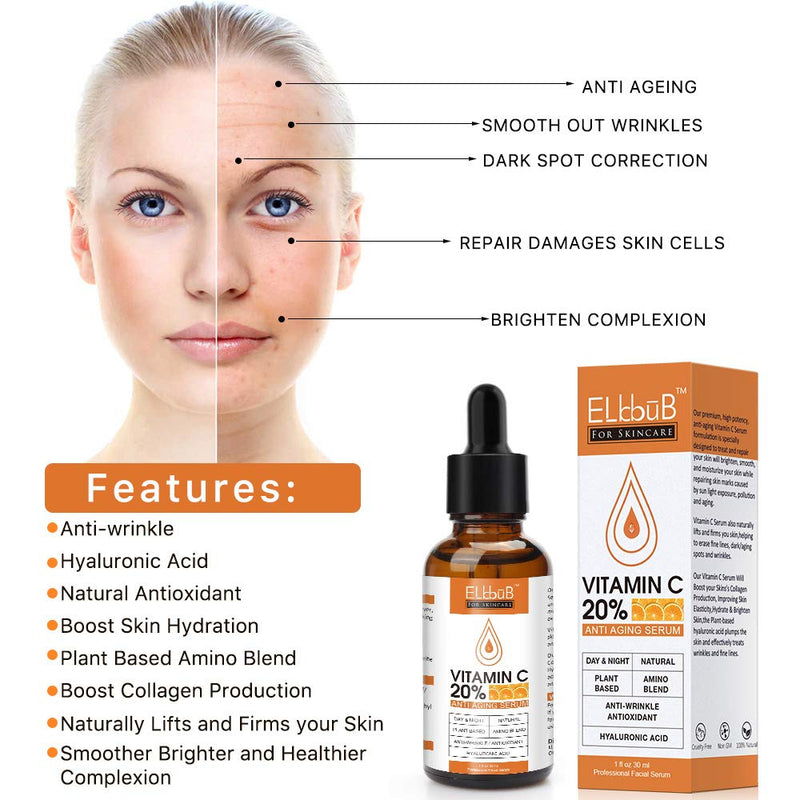 [Australia] - Premium 20% Vitamin C Serum For Face with Hyaluronic Acid, Retinol & Amino Acids - Boost Skin Collagen, Brighten Hydrate & Plump Skin, Anti Aging & Wrinkle Facial Serum 