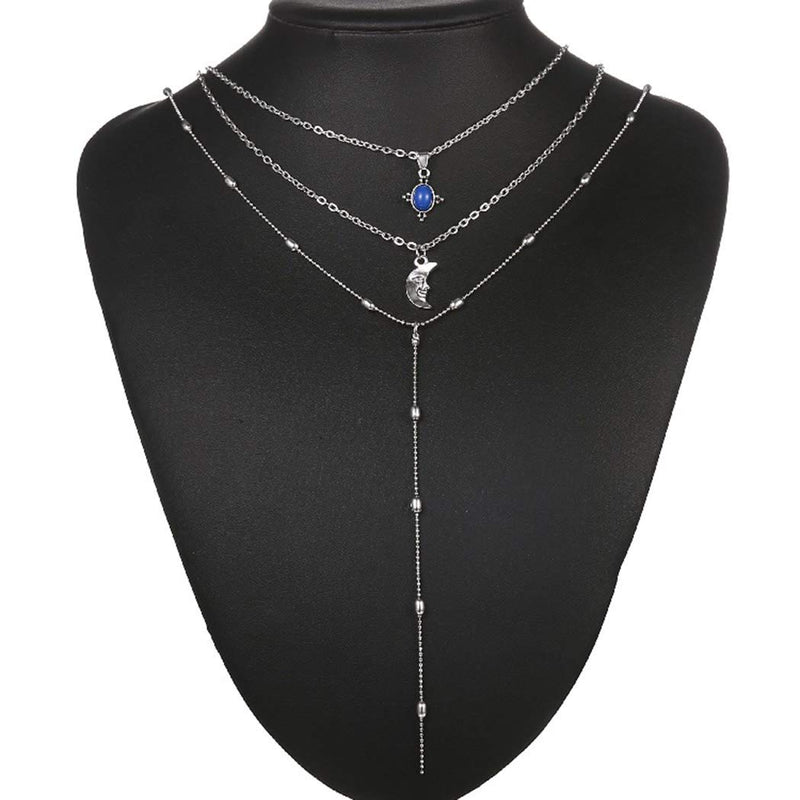 [Australia] - Jozape Boho Layered Necklace Silver Moon Pendant Necklace Beaded Necklace Jewelry Chain for Women and Girls 