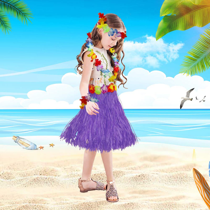 [Australia] - Girl's elastic Hawaiian hula dancer grass skirt with flower costume set -purple Birthday Tropical Party Decorations 