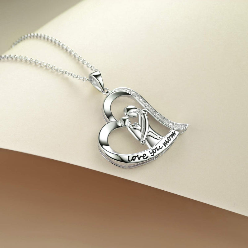 [Australia] - YFN Mother and Child Love You Mom Engraved Necklace Sterling Silver Love Heart Pendant Necklace Jewelry 