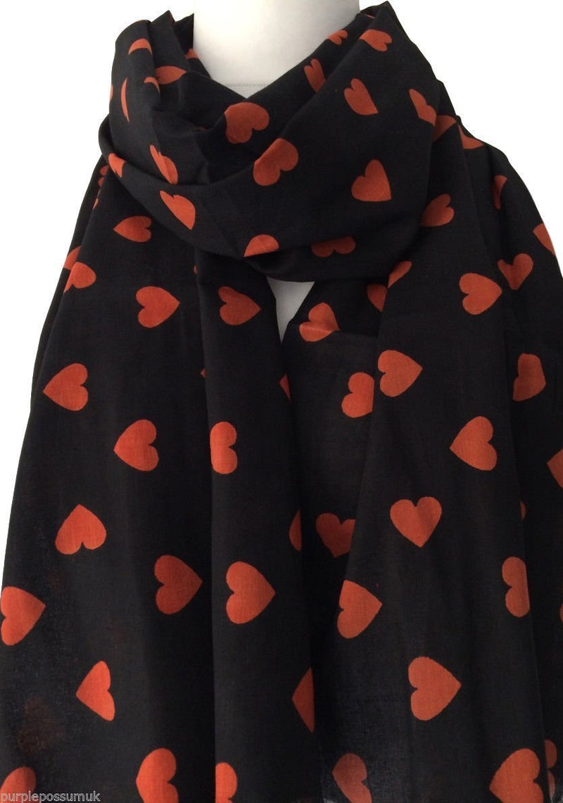 [Australia] - Purple Possum® Black Scarf Red Love Heart Print Fair Trade 100% Pure Cotton Hearts Scarf 