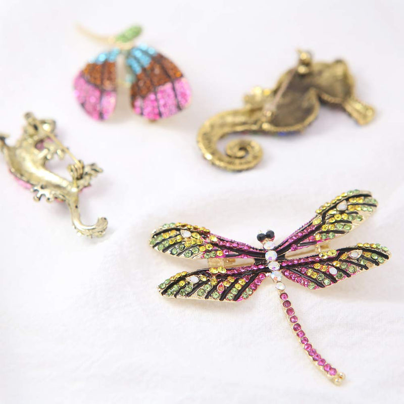 [Australia] - 4 Pieces Fashion Colorful Enamel Brooch Pins Animals Brooch Pins Crystal Rhinestone Butterfly Seahorse Dragonfly Lizard Brooch Pins for for Women Ladies Jewelry 