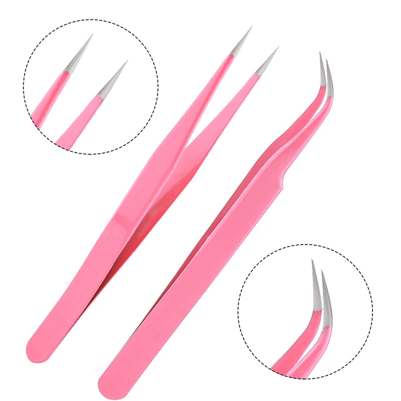 [Australia] - AIEX 2Pcs Lash Tweezers, Stainless Steel Eyelash Extension Tweezers Straight and Curved Tip Eyelash Tweezers (Pink) Pink 