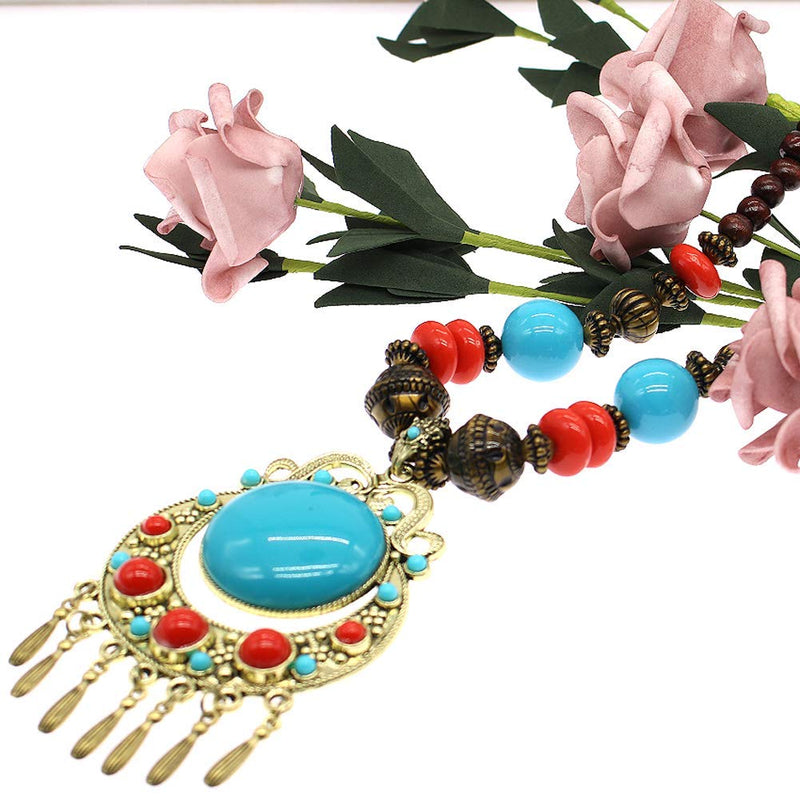 [Australia] - HSQYJ Fashion Wood Beaded Turquoise Pendant Necklace Retro Bohemian Necklaces Charm Pendant Boho Necklace for Women Girl Costume Jewelry Blue pendant necklace 
