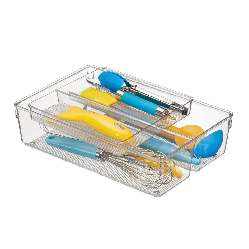 [Australia] - mDesign 2-Piece Kitchen Drawer Organiser for Kitchen Utensils and Tools - Cutlery Tray and Kitchen Utensil Holder - 2 Sliding Trays with 2 Compartments Each - Clear 