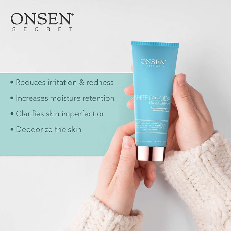 [Australia] - Onsen Japanese Anti Aging Hand Cream - Firming Hand Lotion Features Pagoda Flower Enzyme, Wasabi Extract Infusion, Hyaluronic Acid, and Shea Butter, for Clarified and Moisture Rich Skin (4.5 Oz) 