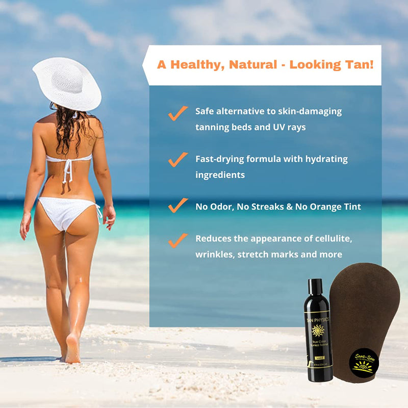 [Australia] - Tan Physics True Color Tanner 8 Ounces w/FREE Tanning Mitt and Exfoliation Gloves by Sans-Sun 