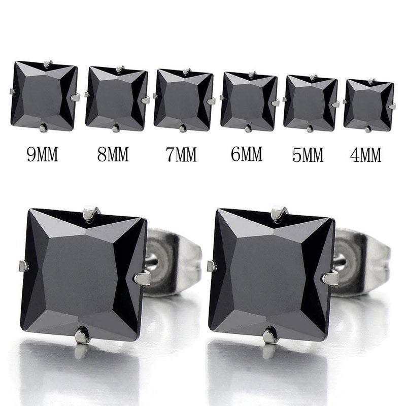 [Australia] - 4MM Black Square Cubic Zirconia Princess Cut Stud Earrings for Men Women Stainless Steel, 2pcs … 