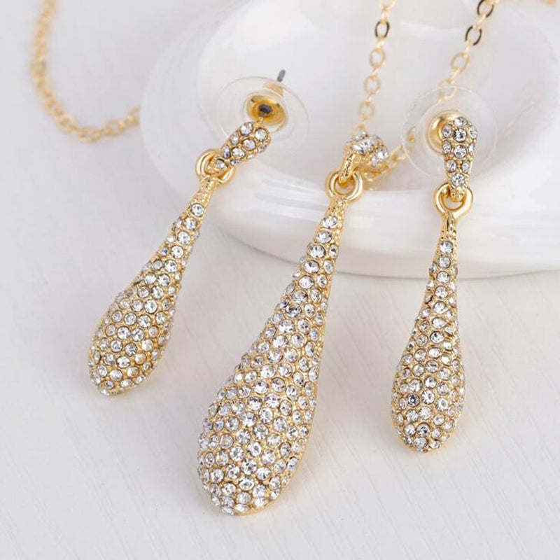 [Australia] - Full Crystal Rhinestone Gem Tear Drop Pendant Necklace Earrings Jewelry Sets Style01 