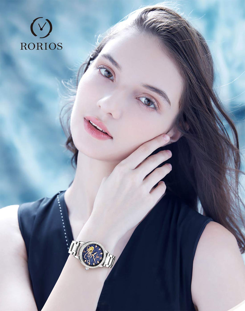 [Australia] - RORIOS Women Automatic Mechanical Watch Shining Starry Sky Luminous Simulated Diamond Dial Stainless Steel Strap Ladies Wristwatches Silver Blue 