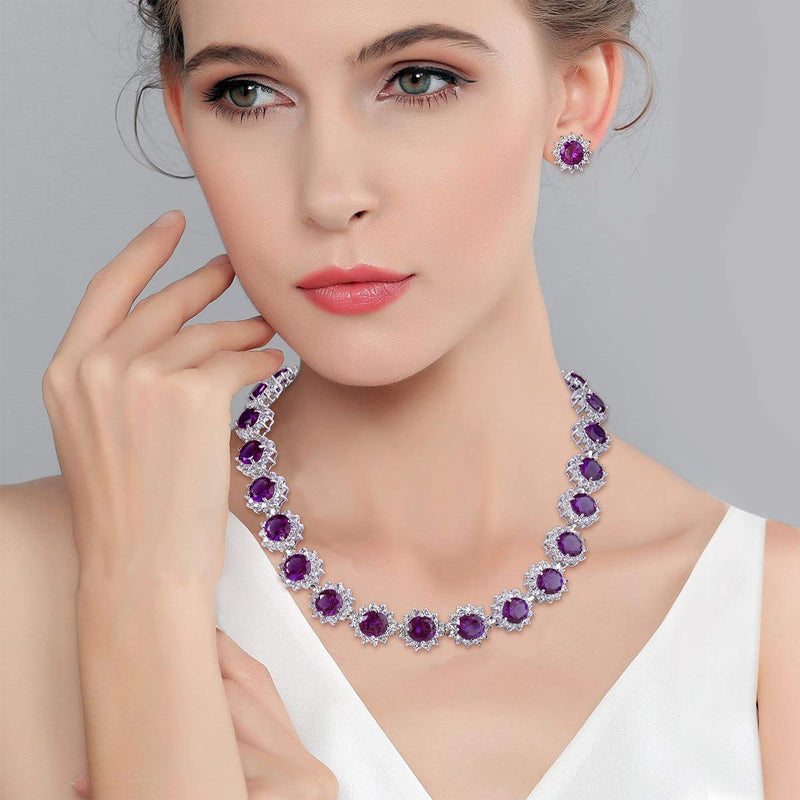 [Australia] - EVER FAITH Elegant Star Round Prong CZ Birthstone Necklace Earrings Set Purple 