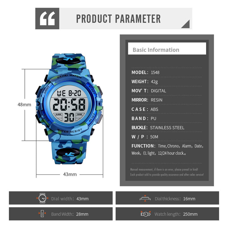 [Australia] - Kids Digital Watch Outdoor Sports 50M Waterproof Electronic Watches Alarm Clock 12/24 H Stopwatch Calendar Boy Girl Wristwatch Blue 