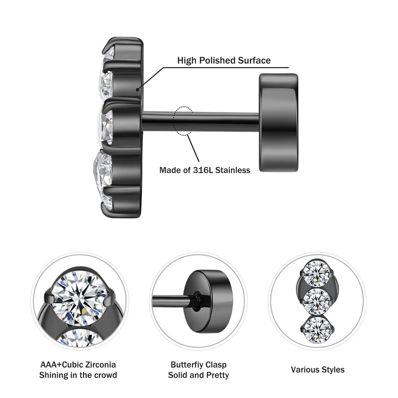 [Australia] - Stud Earrings for Women Hypoallergenic Surgical Stainless Steel Earring Cubic Zirconia Titanium Ear Rings for Sensitive Ears, Flat Backed, Silver Black-3CZ 3 cz 