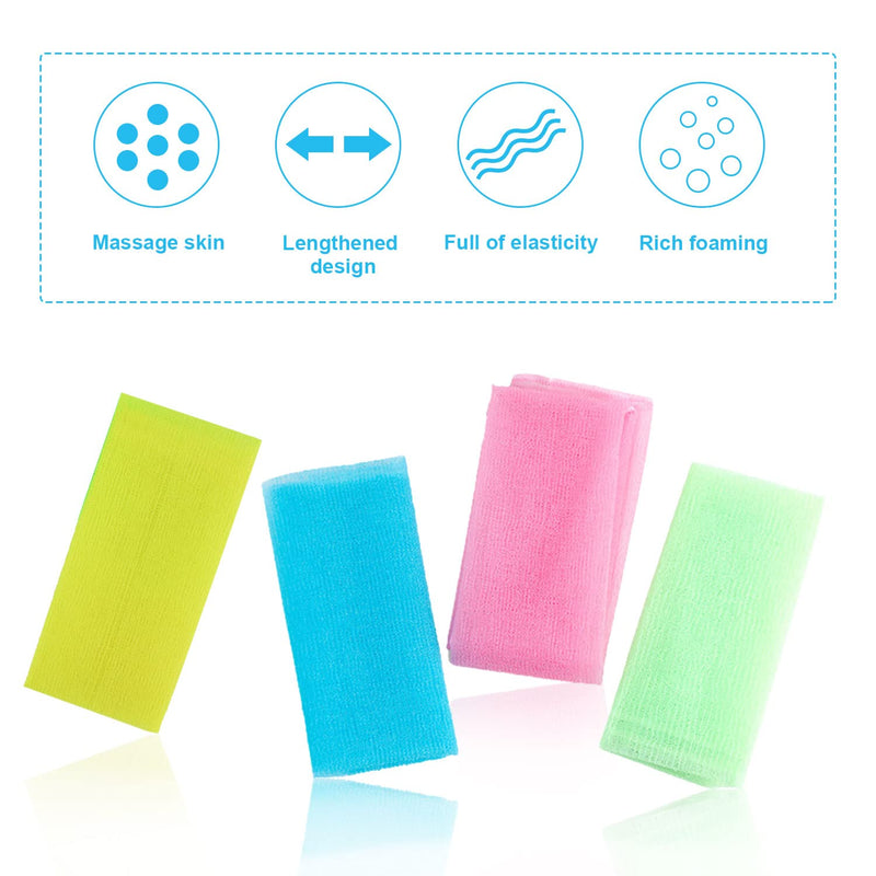 [Australia] - VIKSAUN 4 PCS Multicolour Nylon Japanese Exfoliating Cloth Nylon Scrub Bath Towel, Long 90cm, Body Shower Cleaning Sponges Wash Cloth Towel Body (4 pcs) 