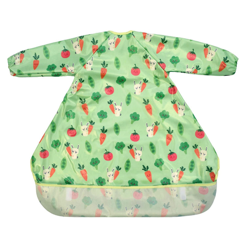 [Australia] - Bibetta Wipeezee XL Coverall Weaning Bib - Baby Bib with Sleeves - Wipe Clean Coverall Bib for Baby and Highchair Baby Led Weaning Unisex for Babies and Toddlers 6 Months +… Green - Bunny & Veg 