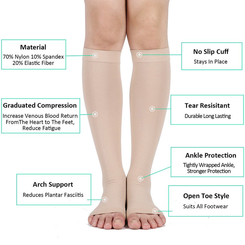 [Australia] - Compression Socks, 20-30 mmHg Graduated Knee-Hi Compression Stockings for Unisex, Open Toe, Opaque, Support Hose for DVT, Pregnancy, Varicose Veins, Relief Shin Splints, Edema, Beige Large 1 Pair Beige 