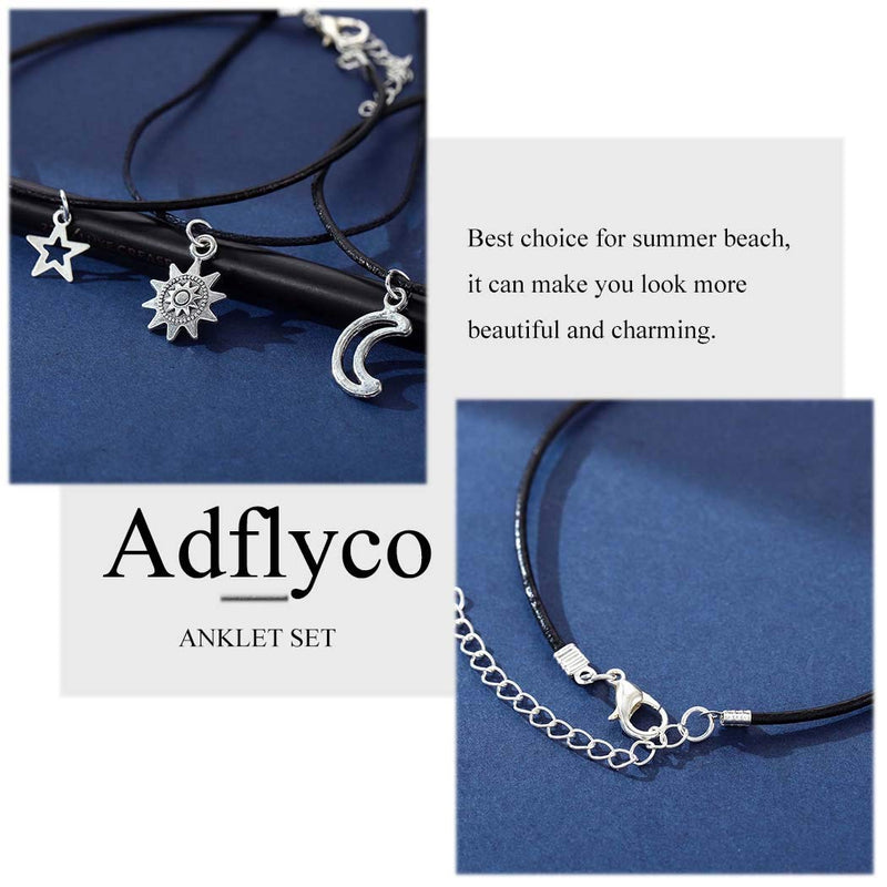 [Australia] - Adflyco Boho Anklets Set Black Moon Anklet Bracelets Sunflower Beach Foot Jewelry Adjustable for Women and Girls (3Pcs） 