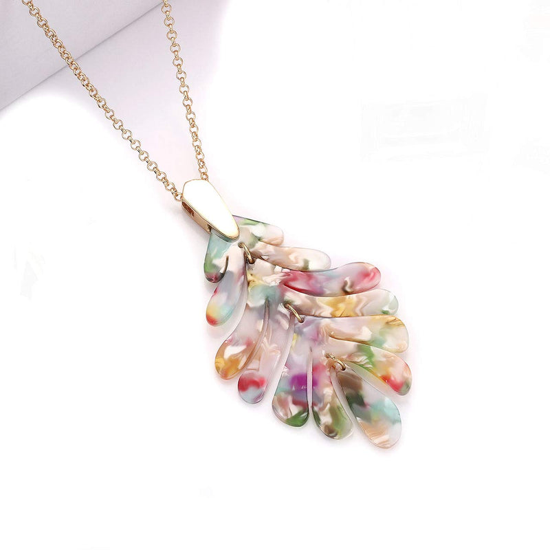 [Australia] - YINL Acrylic Pendant Necklace Earrings – Long Statement Leaf Charm Necklace Tortoise Resin Palm Leaf Earrings Fashion Necklaces Earrings for Women Girls Floral 