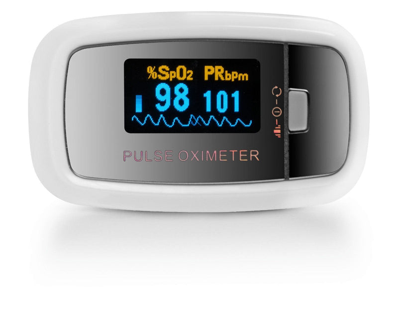 [Australia] - AccuMed CMS-50D1 Fingertip Pulse Oximeter Blood Oxygen Sensor SpO2 for Sports and Aviation. Portable and Lightweight with LED Display, 2 AAA Batteries, Lanyard and Travel Case (White) 