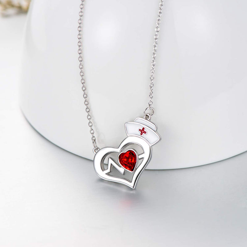 [Australia] - AOBOCO Nurse Necklace Sterling Silver Nurse Hat Charm with EKG Heartbeat Heart Necklace for Nurse Doctor Medical Student, Crystal from Swarovski 