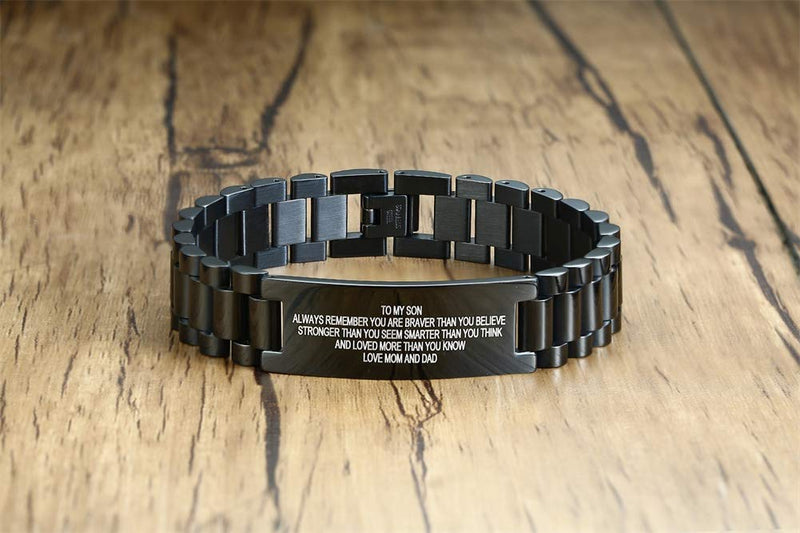 [Australia] - Stainless Steel To My Son Love Mom Courage Inpsirational Wristband Bracelets, Birthday Gifts to Son ,Valentine's Day Gift to Son,Son Bracelet for Valentine's Day Gift from Mom and Dad,Love Son Gift black-love dad always remember you are braver... 