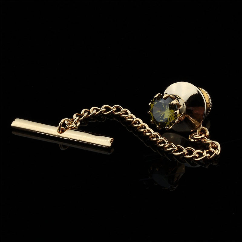 [Australia] - HAWSON Mens Crystal Tie Tack with Chain Gold Tie Clip Party Accessories 11 Color Options Green 