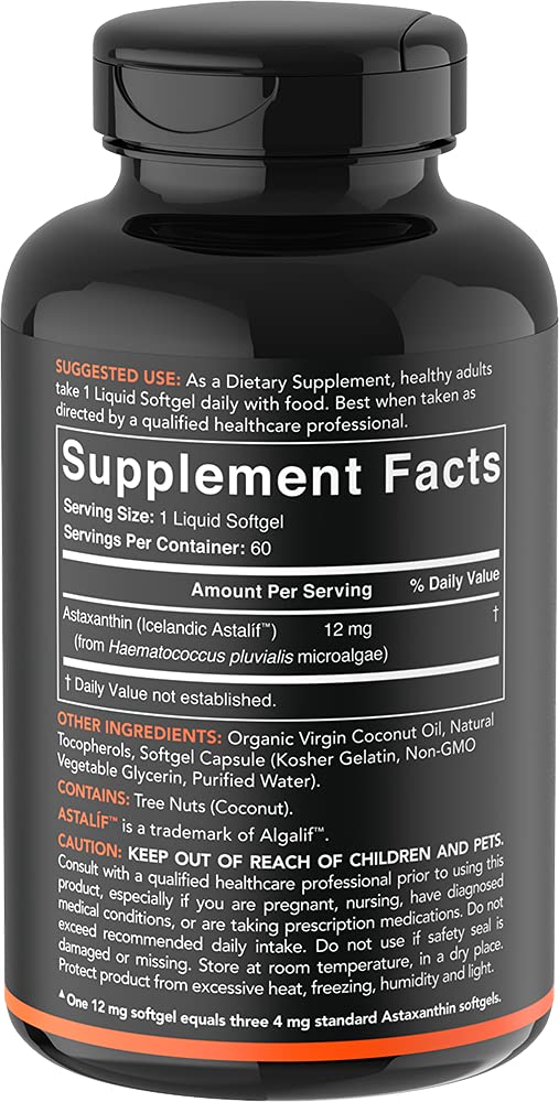 [Australia] - Sports Research Triple Strength Astaxanthin Supplement from Algae w/ Organic Coconut Oil - Natural Support for Skin & Eye Health - Non-GMO & Gluten Free - 12mg, 60 Softgels for Adults - 2 Month Supply 60 Count (Pack of 1) 