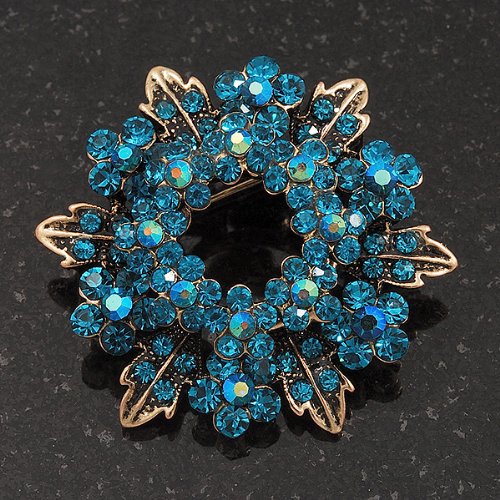 [Australia] - Avalaya Turquoise Coloured Crystal Wreath Brooch in Antique Gold Metal - 4cm Diameter 