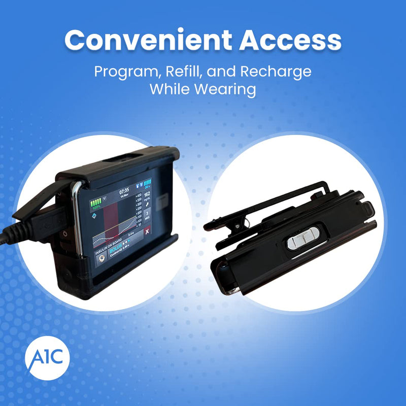 [Australia] - A1C Insulin Pump Case - Holder for T-Slim Diabetes Pump - No More Broken Clips - Positive Lock & Hinged Clip to Improve Reliability - Rotate 360 Degrees - Program, Refill, & Recharge without Removing Black 