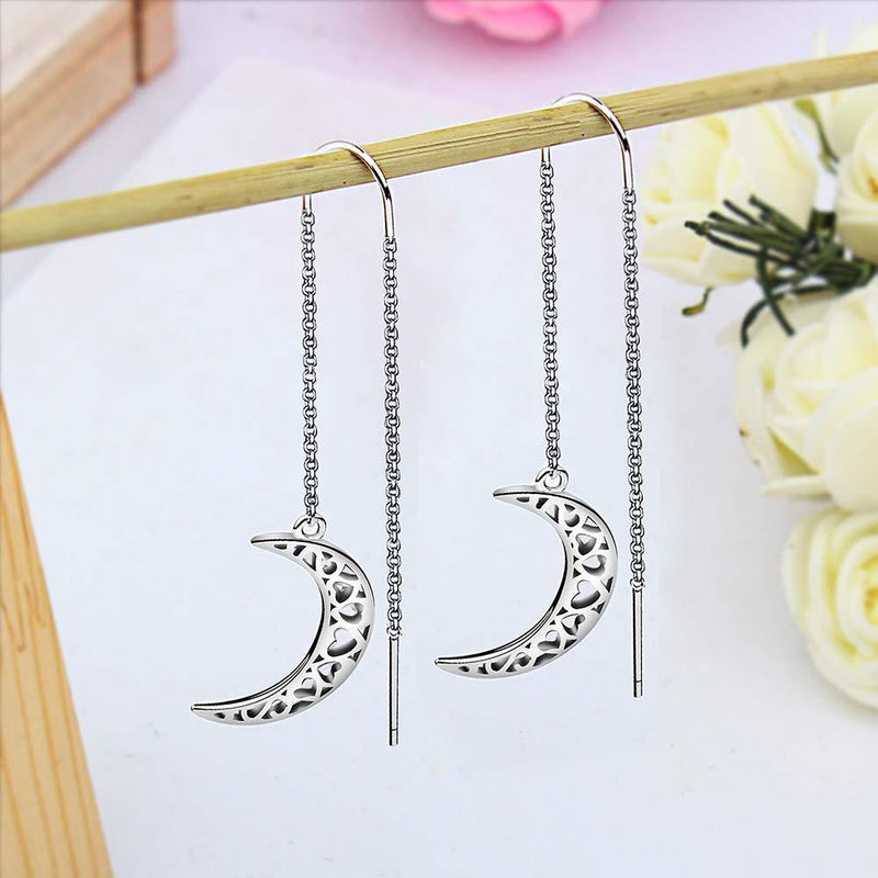 [Australia] - Meyiert 925 Sterling Silver Crescent Moon Twilight Style Needle Drop Threader Pull Through Earrings for Womens White 