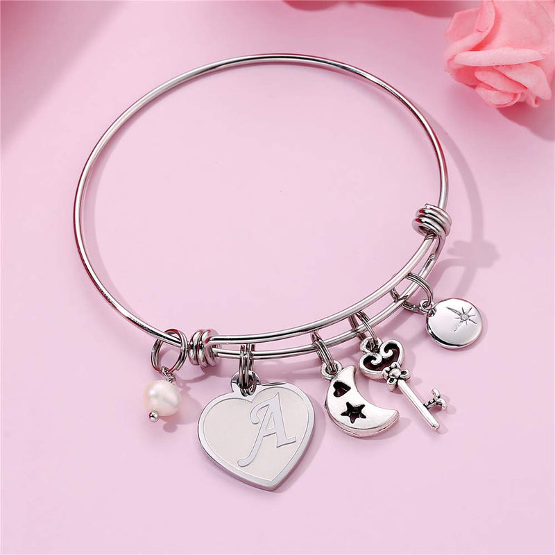 [Australia] - M MOOHAM Initial Charm Bracelets for Women Gifts - Engraved 26 Letters Initial Charms Bracelet Stainless Steel Bangle Bracelet Birthday Christmas Jewelry Gift for Women Teen Girls A - Heart 