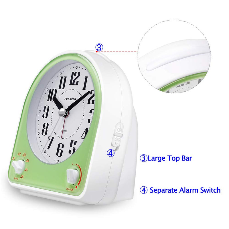 [Australia] - Peakeep Non-Ticking Silent Alarm Clock, Optional 7 Wake-up Sounds with Volume Control, Nightlight and Snooze, AA Battery Operated and Included (Green) Green 