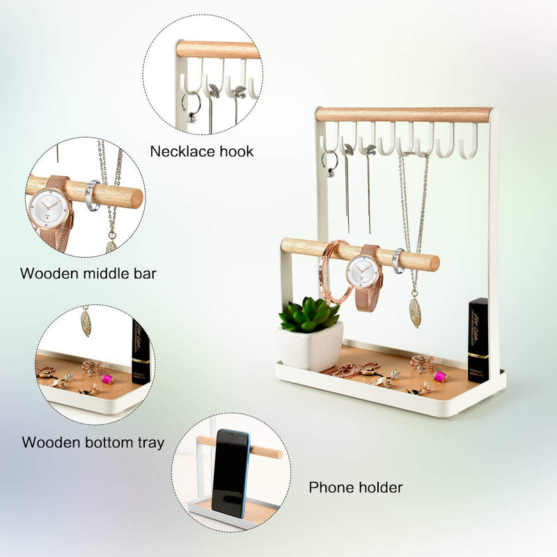 [Australia] - PAMANO Jewelry Stand Holder, 3-Tier Necklace Hanging Wooden Ring Organizer Earring Tray, 8 Hooks Storage Necklaces, Bracelets, Rings and Watches on Desk Tabletop- White 3T 