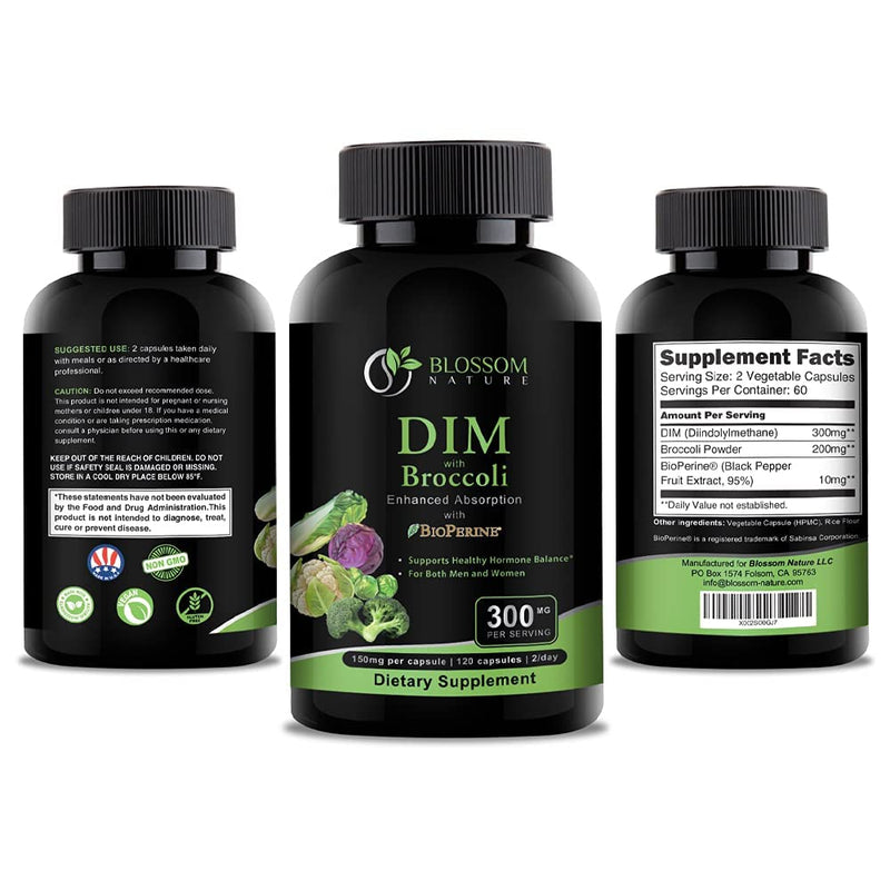 [Australia] - DIM Supplement 300mg with Broccoli 200mg BioPerine 10mg-Hormone and Estrogen Balance for Women & Men,Menopause Relief,PCOS & PMS Support,Hormonal Acne Treatment-120 Caps,Diindolylmethane 150mg per Cap 